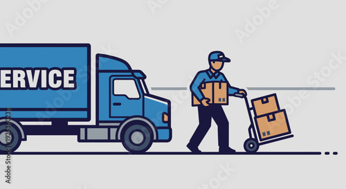 Delivery person unloading packages from a blue service truck, in a bright studio.