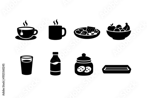 Silhouette icons of tea, coffee, breakfast foods, and beverages