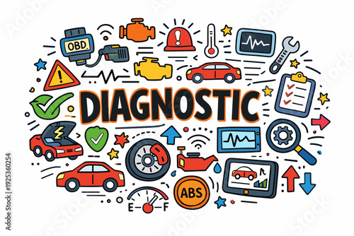 Colorful vehicle diagnostic tools and symbols illustration with auto parts icons