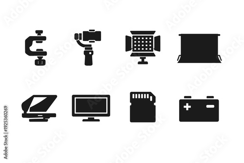 Photography equipment icons: clamp, gimbal, led light, backdrop, scanner, monitor, sd card, battery