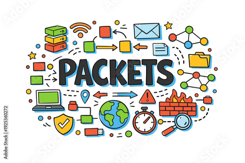Colorful network packets concept with icons of internet and connectivity