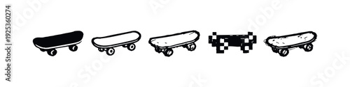 Black and White Skateboard Icon Collection in Diverse Artistic Styles