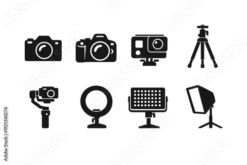 Camera and photography equipment icons: dslr, tripod, ring light, softbox, gimbal