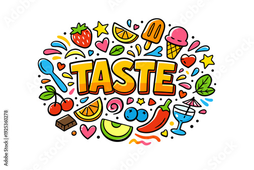 Colorful taste elements with fruits, ice cream, and bright symbols