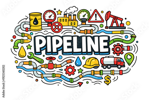 Pipeline infrastructure illustration: oil and gas industry icons and elements