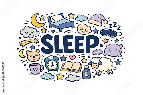 Sleep theme: cute cartoon icons of bedtime with clouds, stars, and moon