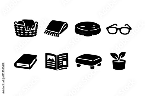 Home essentials: basket, blanket, cushion, glasses, book, magazine, footrest, plant