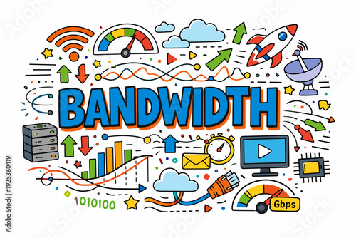 Colorful illustration depicting internet bandwidth with digital symbols