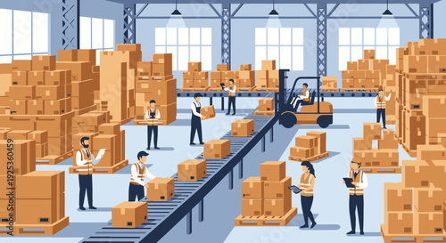 Group of diligent workers busy sorting and moving packages on a conveyor belt in a large, active warehouse with a forklift and numerous cardboard boxes, portraying industrial efficiency.