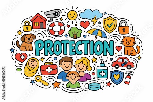 Family protection concept with diverse safety icons and happy characters