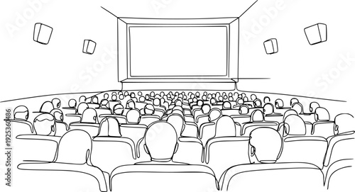 People sit cinema hall back rear view looking at screen continuous one line drawing. Hand drawn audience cinema, theatre vector silhouette. Crowd of people in the auditorium contour illustration