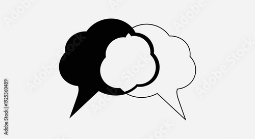 Two overlapping speech bubbles, one black and one white, symbolizing communication and dialogue on a light gray background.
