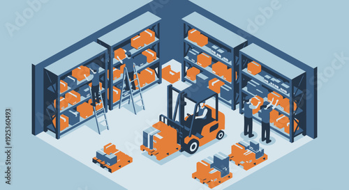 Isometric view of a busy warehouse with workers operating a forklift and organizing cardboard boxes on tall shelves, demonstrating efficient logistics and storage management.