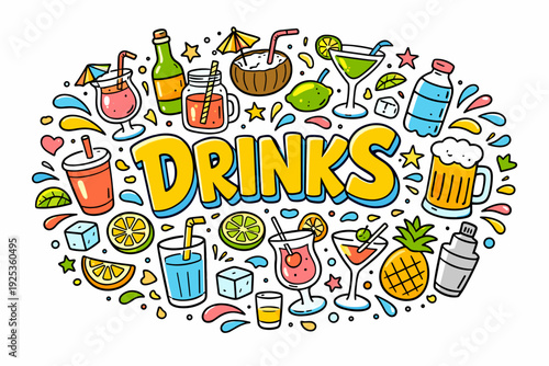Colorful assortment of refreshing drinks in fun doodle style with fruits and ice