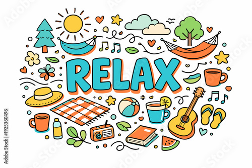 Colorful relaxation scene with relaxing summer icons and cheerful doodles