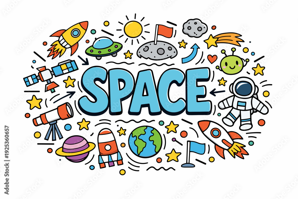 Fototapeta premium Colorful space doodles featuring planets, rockets, and astronaut