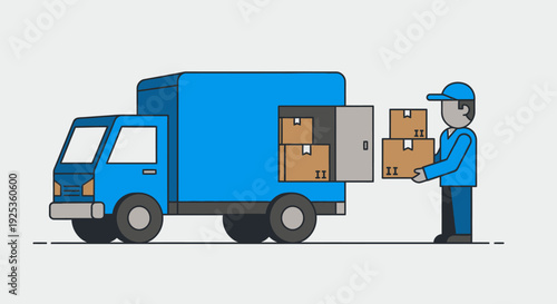 Delivery man unloading cardboard boxes from a blue truck in a bright outdoor setting, showcasing efficient logistics.
