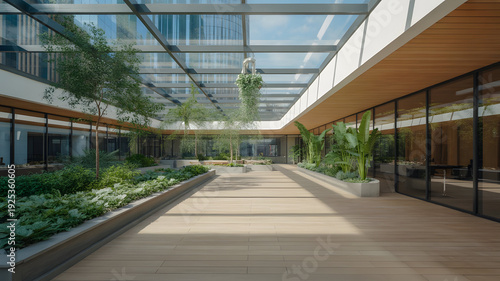 Internal courtyard garden with overhead skylight in a commercial building.