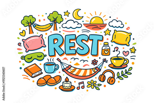 Colorful restful elements with hammocks, tea, and relaxation icons