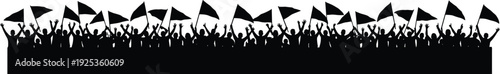 Crowd protest silhouettes with raised hands and waving flags, mass demonstration concept, political rally, social movement activism, public gathering illustration isolated on white background