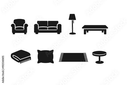 Silhouette icons of living room furniture and accessories