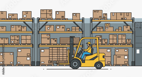 Forklift operating in a busy warehouse with stacked boxes on shelves, creating an efficient industrial setting.