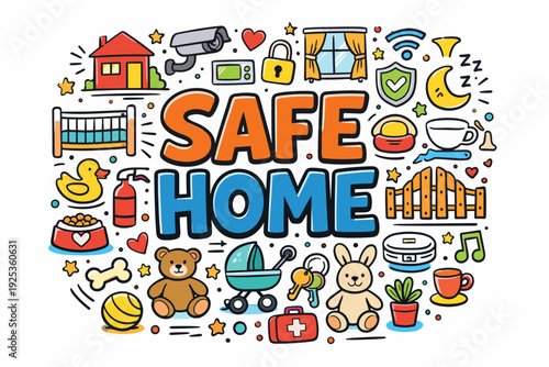Colorful doodle illustration of safe home with toys and security elements