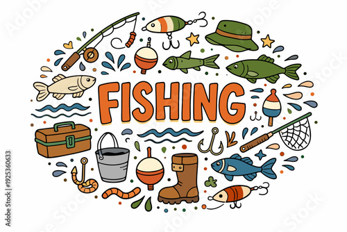 Fishing adventure: tackle, fish, hooks, lures, and gear illustrations