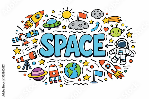 Colorful space doodles featuring planets, rockets, and astronaut