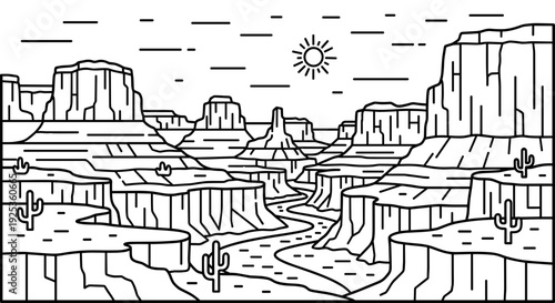 Desert Landscape with Cacti and Cliffs.