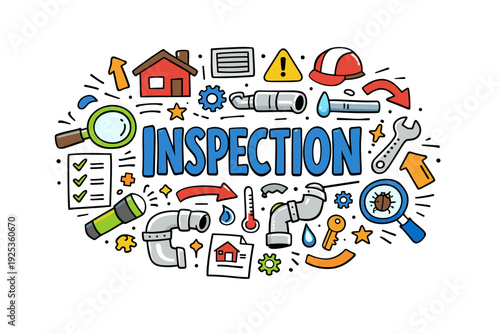 Home inspection tools and symbols with pipes, magnifiers, and safety icons