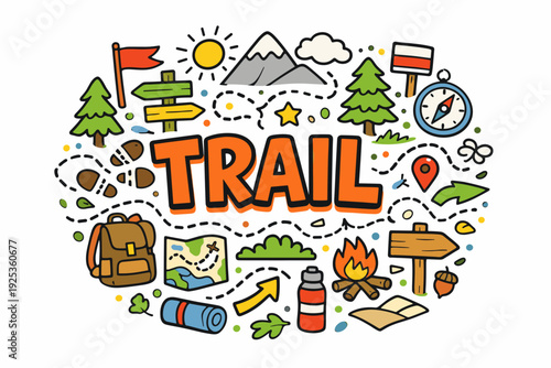 Colorful hiking trail doodles with nature and camping elements