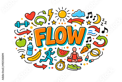 Flow: vibrant doodle art featuring fitness, meditation, and healthy living icons