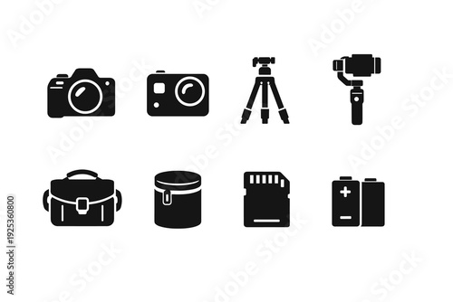 Photography equipment icons: camera, tripod, stabilizer, memory card, battery