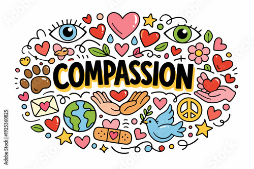 Colorful compassion illustration with hearts, hands, and symbols of peace and love