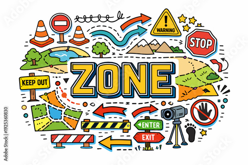 Colorful zone themed doodle art with signs and symbols