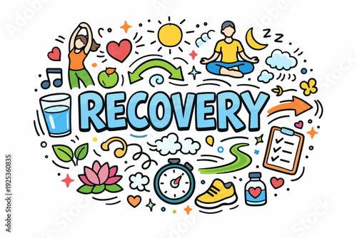 Wellness recovery doodle with yoga and healthy lifestyle elements