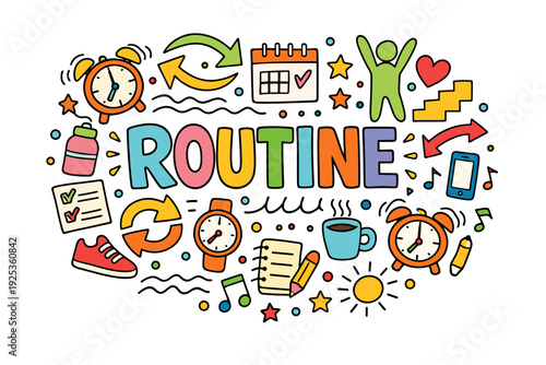 Colorful morning routine concept with fitness and daily planning elements