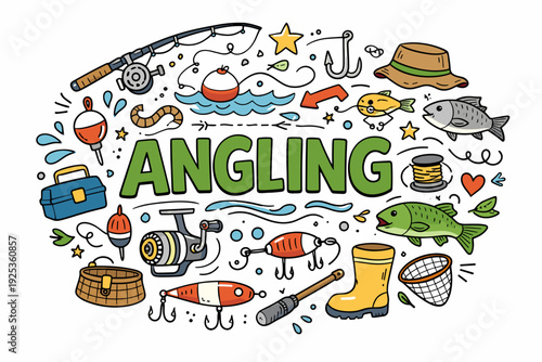 Colorful angling equipment and accessories illustration for fishing enthusiasts
