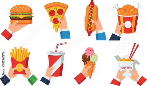 Fast Food Hands Holding Burger Pizza Hot Dog Fried Chicken Noodles Ice Cream and Soda Vector Set for Street Meal Design.