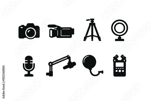 Set of black silhouette icons for photography and filmmaking equipment