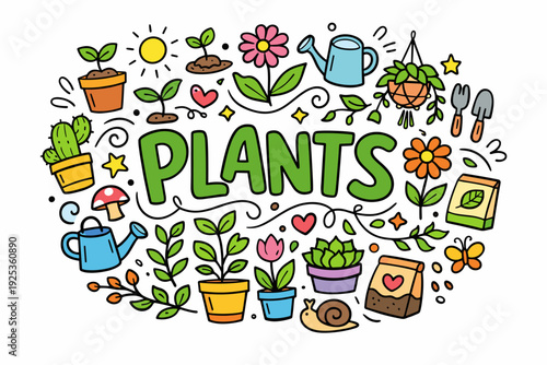 Colorful garden elements: doodles of plants, flowers, and gardening tools