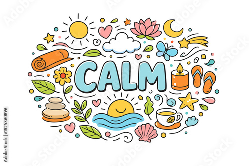 Colorful calm illustrations with yoga, nature, and relaxation symbols