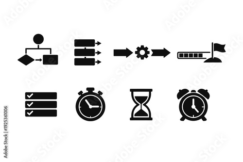 Process and time management icons: workflow, stopwatch, hourglass, checklist