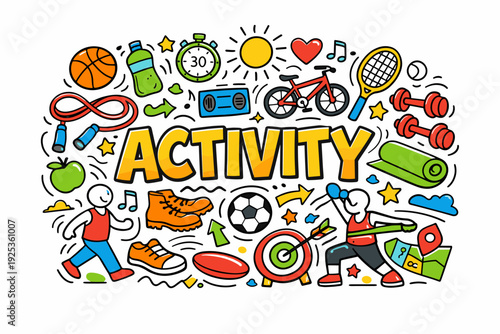 Colorful fitness and sports activities doodle with exercise icons and equipment