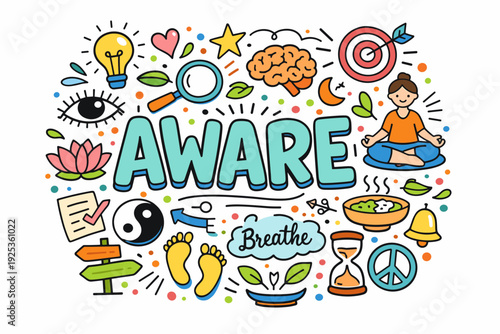 Mindfulness illustration with meditation, yoga, and positive symbols