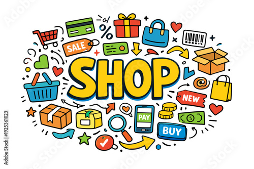 Colorful shopping icons featuring gifts, carts, and sale tags