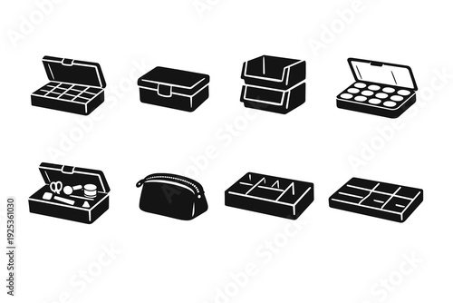 Collection of black cosmetic and storage box icons with various designs