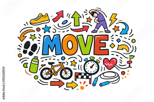 Colorful fitness motivation: stay active with fun icons and encouraging words