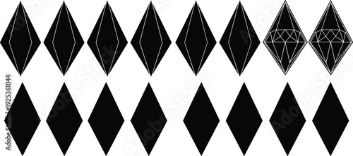 Luxury diamond gemstone silhouette collection featuring various crystal shapes, jewelry icons, and geometric sparkling stones for elegant fashion vector design projects.